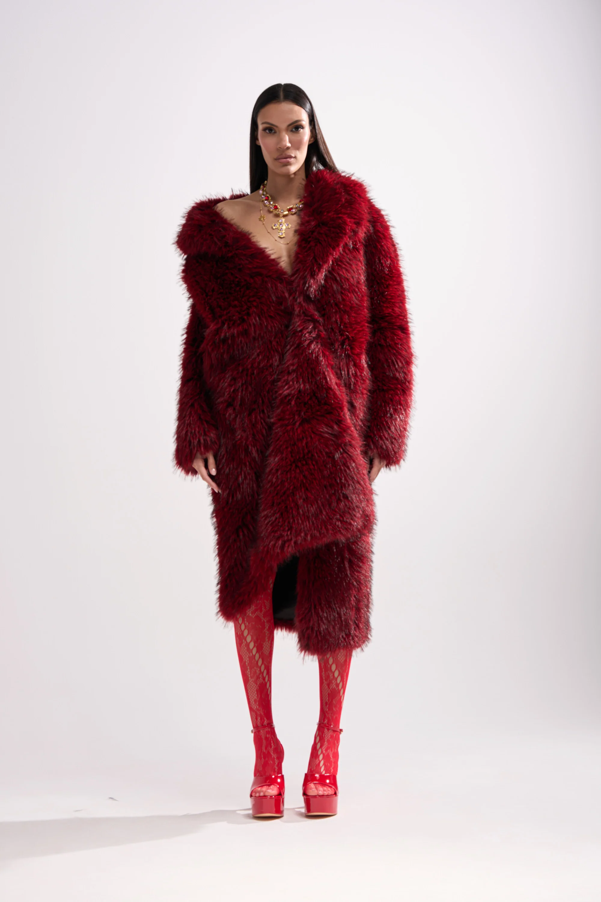 OSLO FAUX FUR COAT IN RED MULTI - Image 5
