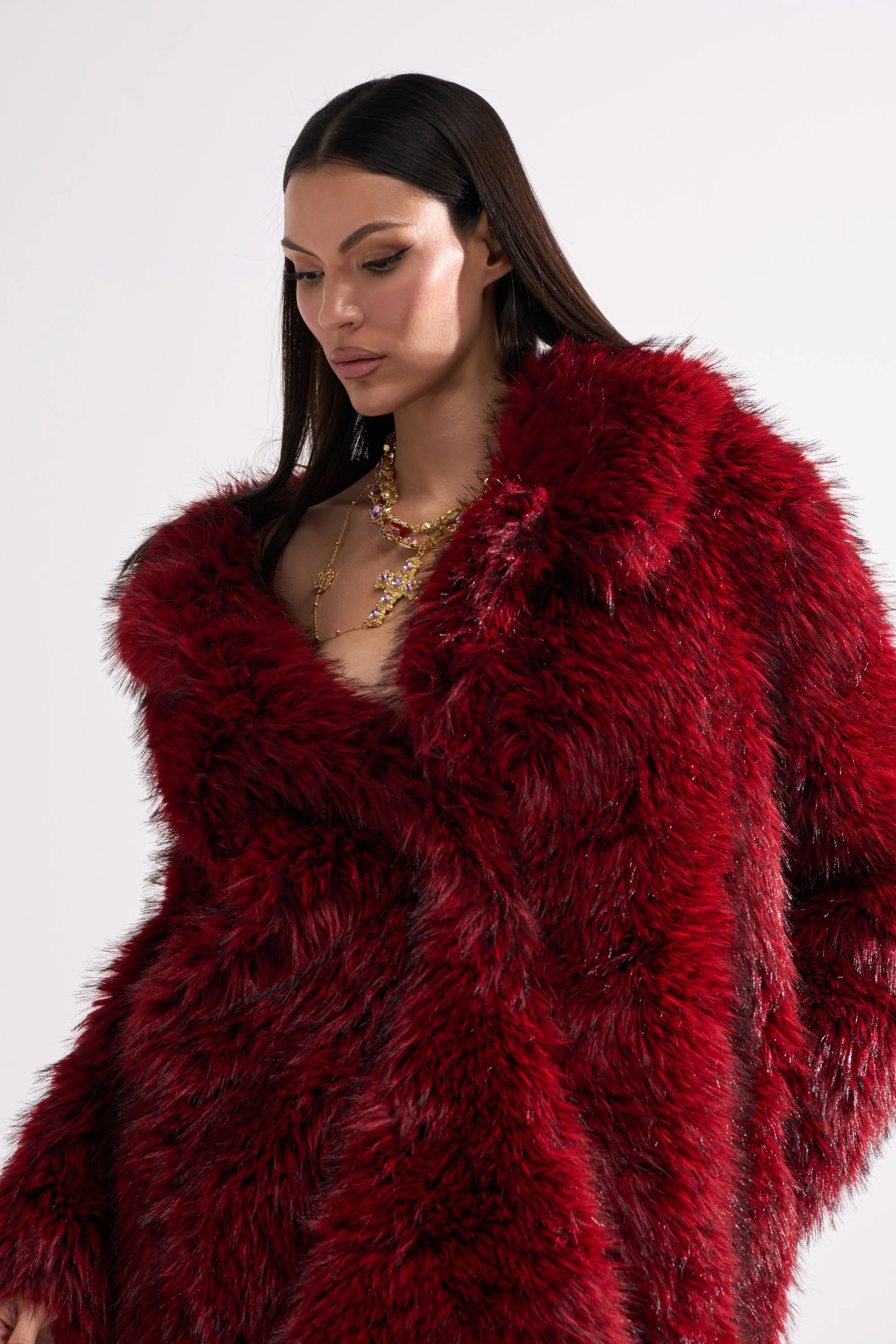OSLO FAUX FUR COAT IN RED MULTI - Image 6