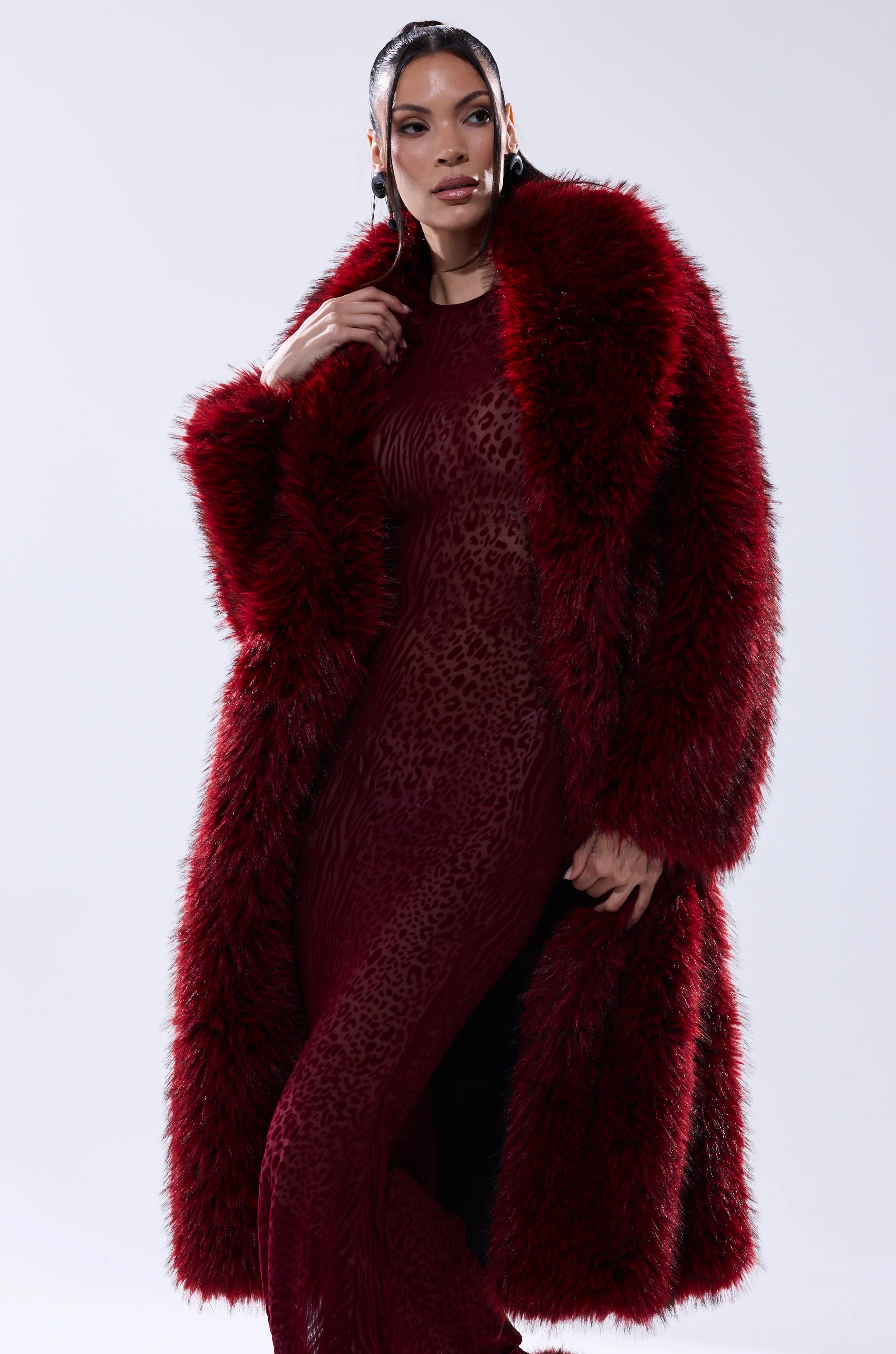 OSLO FAUX FUR COAT IN RED MULTI - Image 8