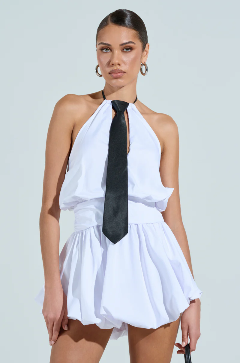 OUT OF OFFICE MINI BUBBLE DRESS WITH TIE
