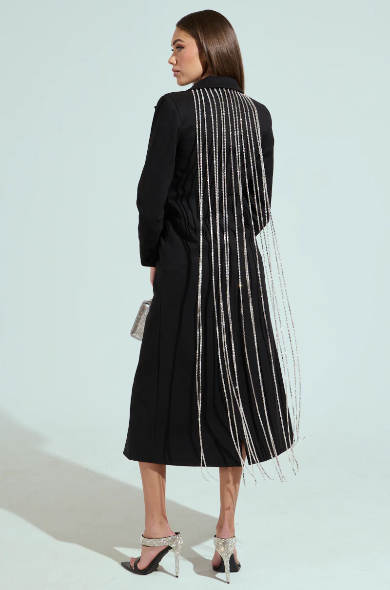 PARTY IN THE BACK RHINESTONE FRINGE TRENCH