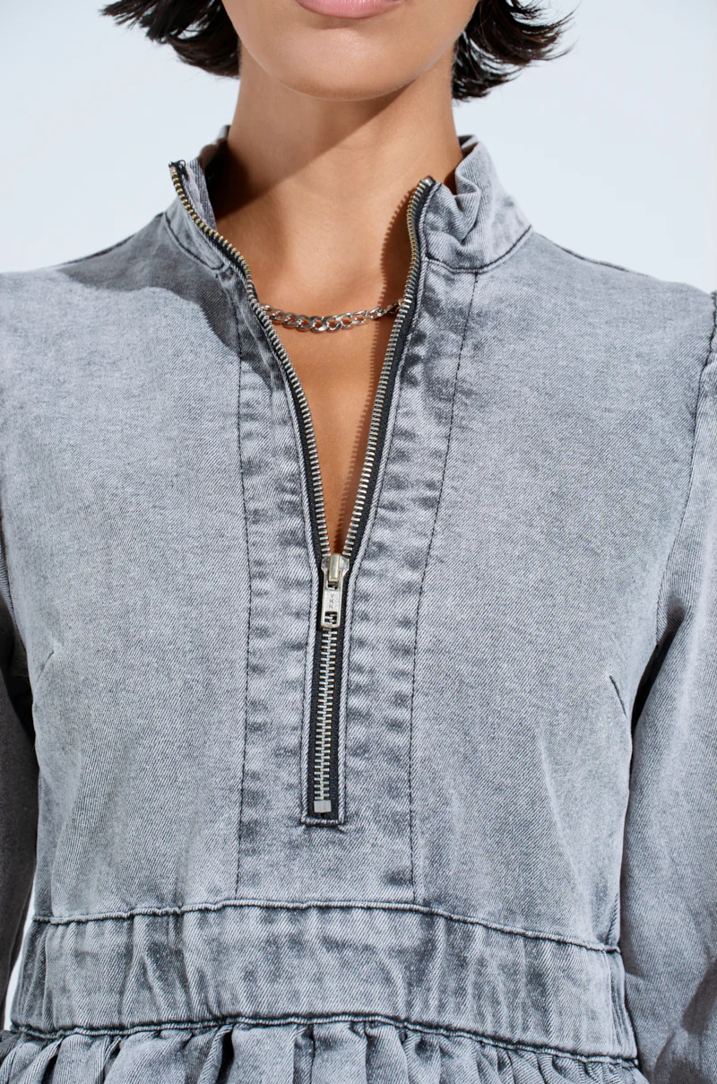PASS THE BUBBLY DENIM MINI DRESS IN LIGHT GREY - Image 9