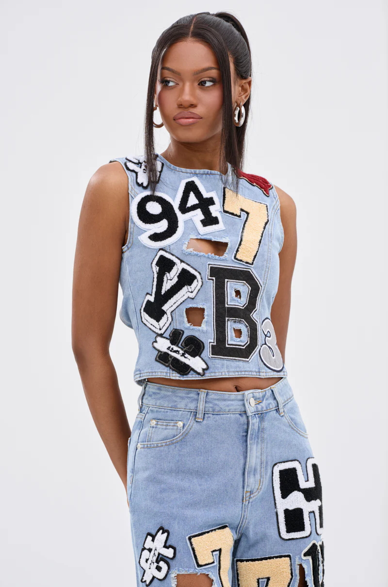 PATCH DENIM BLOUSE TOP WITH OPEN BACK - Image 3