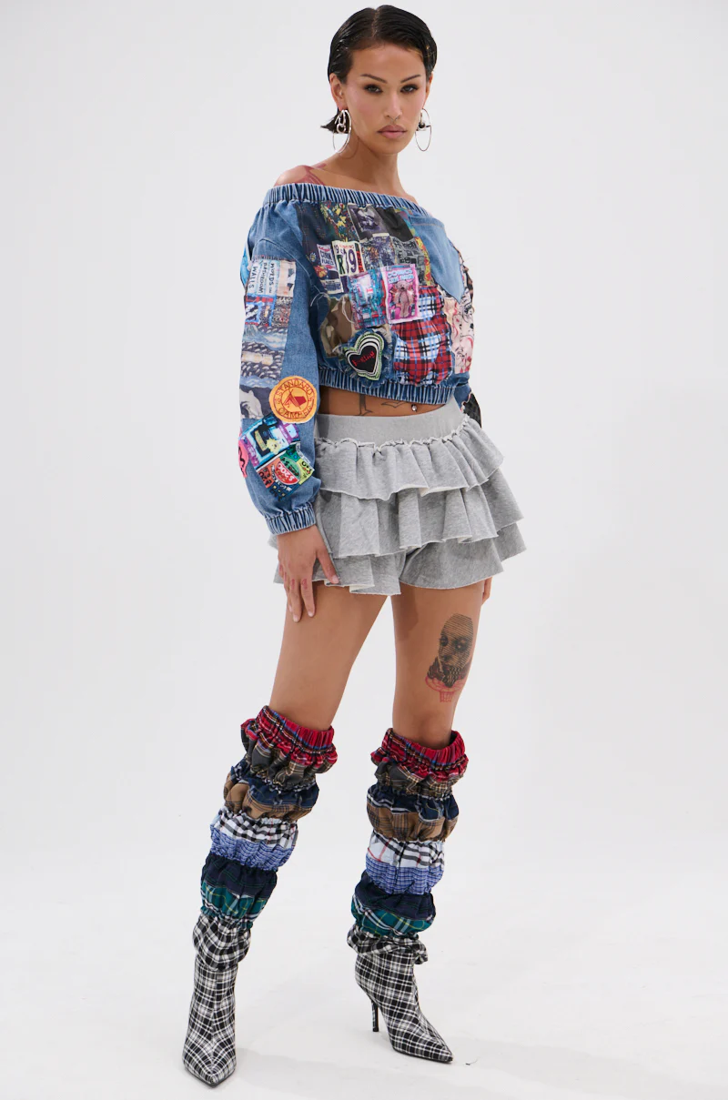 PATCHWORK DENIM OFF THE SHOULDER TOP - Image 7