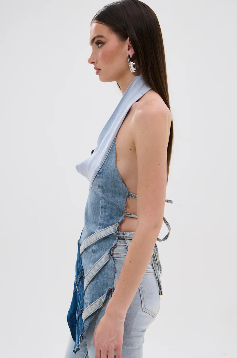 PATCHED UP COWL NECK DENIM HALTER TOP - Image 3