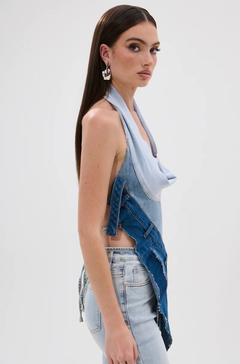 PATCHED UP COWL NECK DENIM HALTER TOP - Image 4
