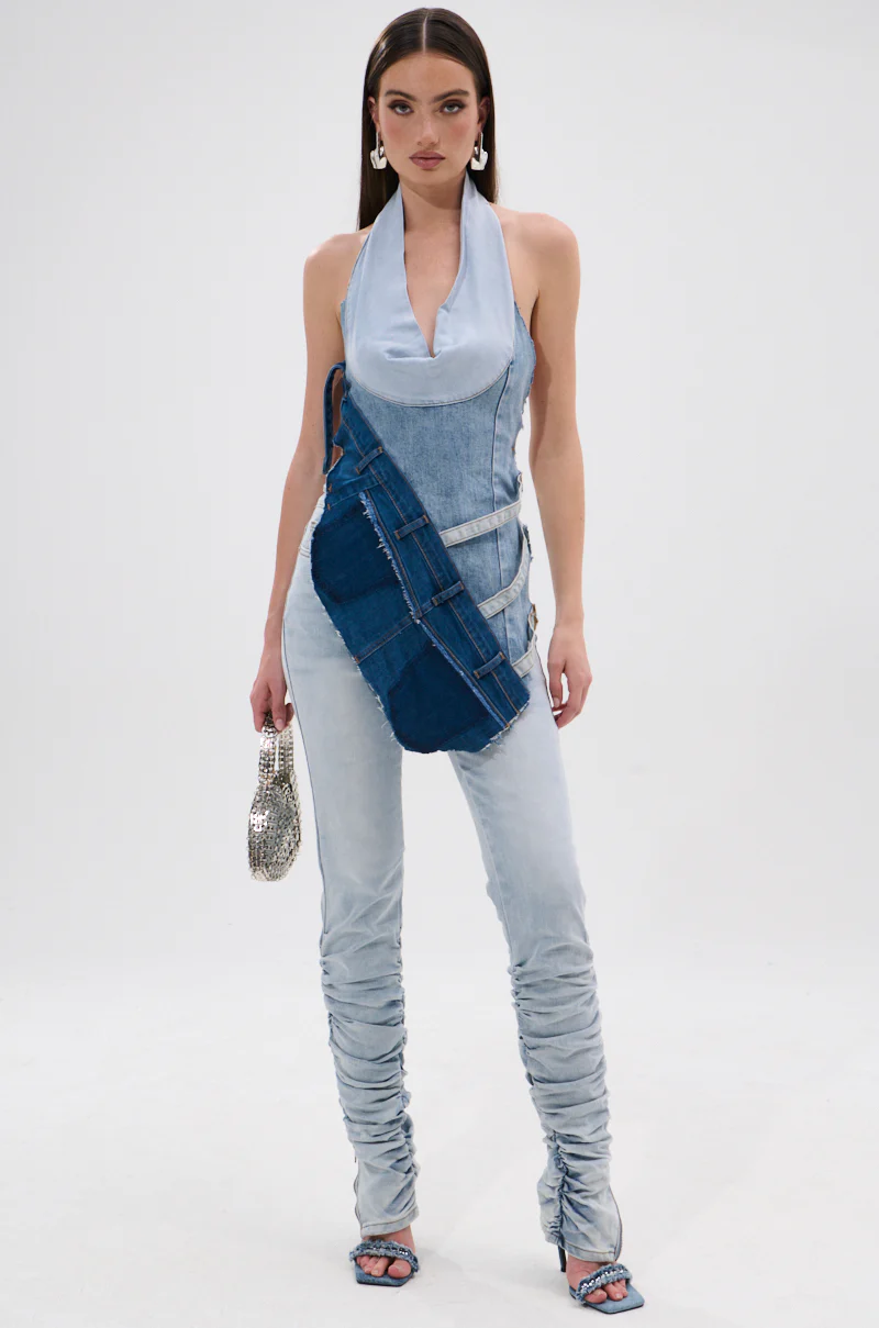 PATCHED UP COWL NECK DENIM HALTER TOP - Image 7