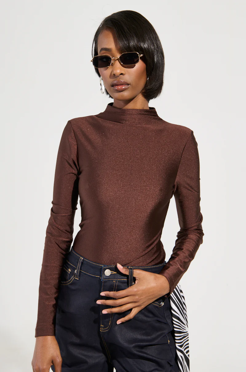 PAXTON DISCO LONG SLEEVE MOCK NECK BODYSUIT IN BROWN - Image 2