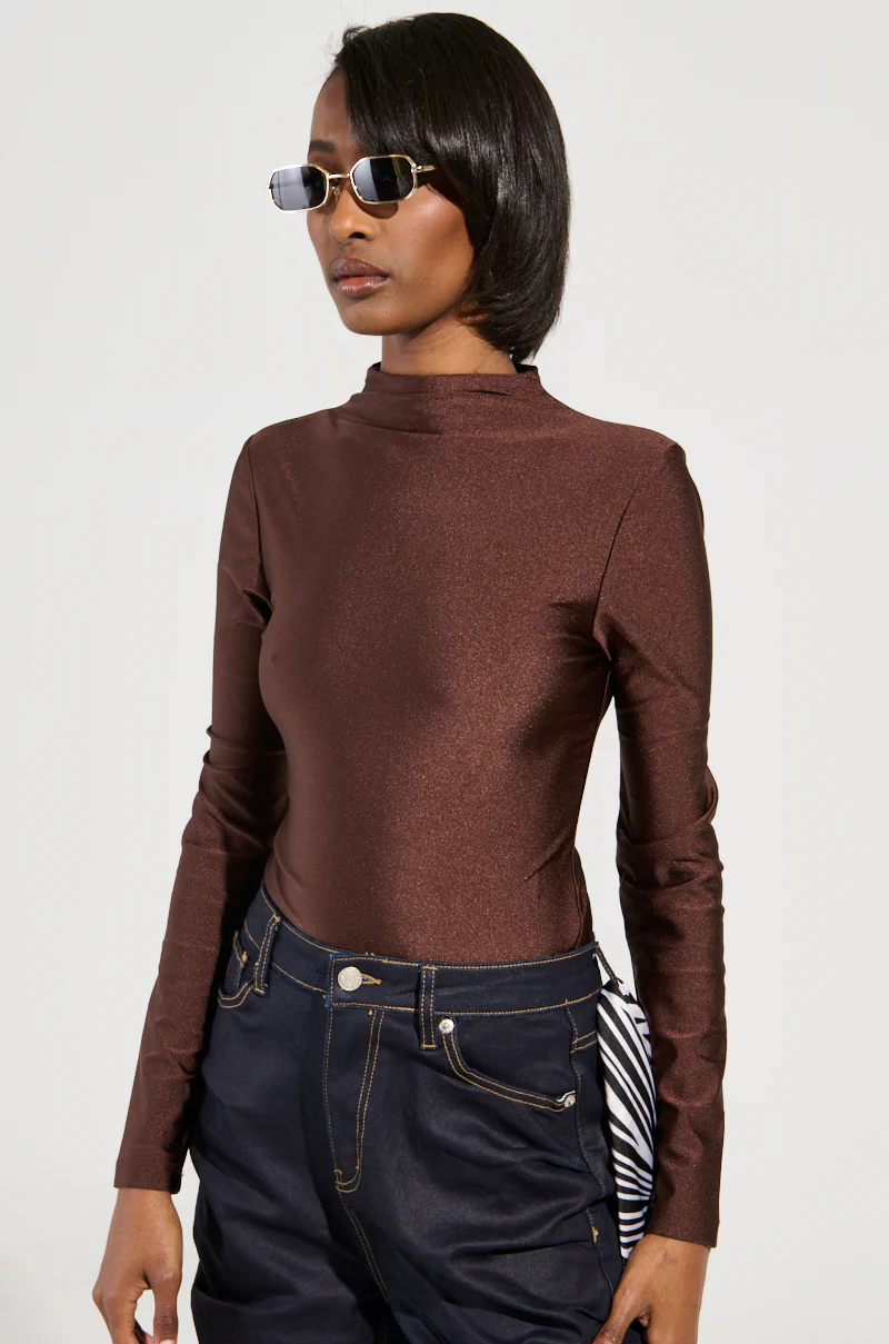 PAXTON DISCO LONG SLEEVE MOCK NECK BODYSUIT IN BROWN - Image 3