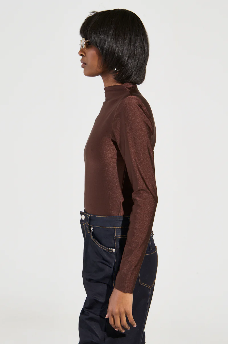 PAXTON DISCO LONG SLEEVE MOCK NECK BODYSUIT IN BROWN - Image 4