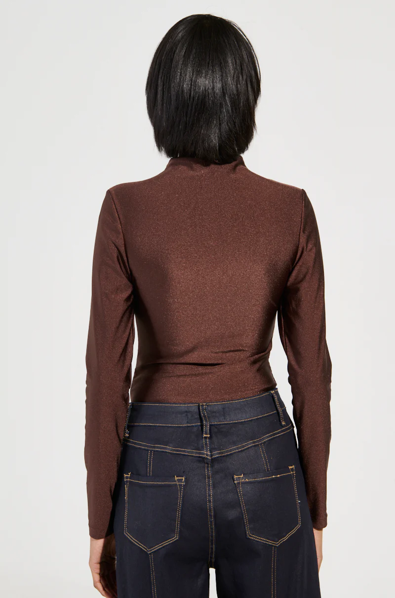 PAXTON DISCO LONG SLEEVE MOCK NECK BODYSUIT IN BROWN - Image 5