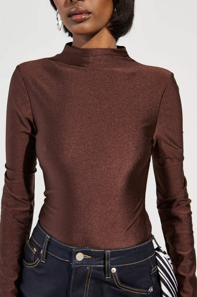 PAXTON DISCO LONG SLEEVE MOCK NECK BODYSUIT IN BROWN - Image 7