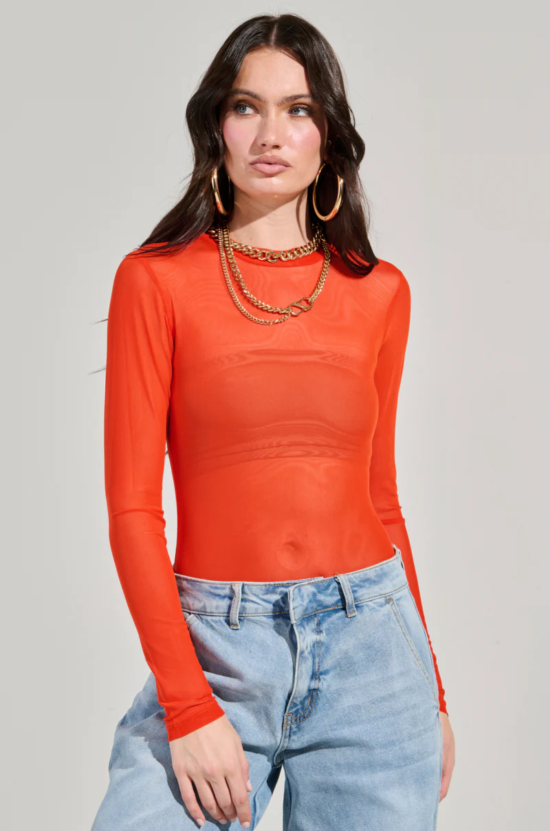 PAXTON MESH LONG SLEEVE CREW NECK BODYSUIT IN ORANGE - Image 2