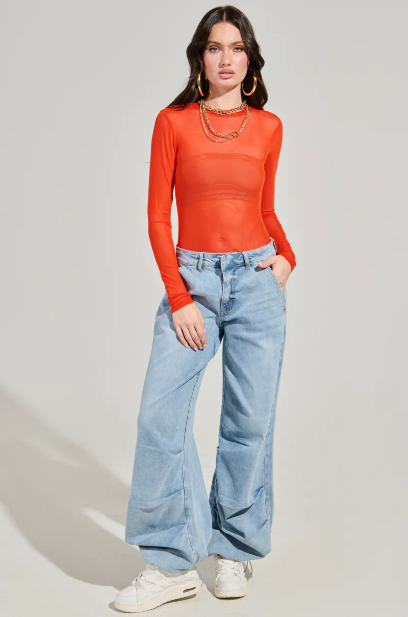 PAXTON MESH LONG SLEEVE CREW NECK BODYSUIT IN ORANGE - Image 6