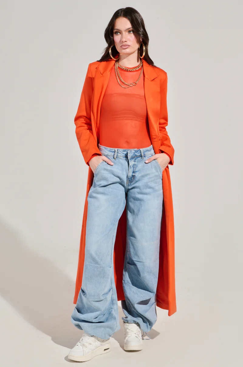 PAXTON MESH LONG SLEEVE CREW NECK BODYSUIT IN ORANGE - Image 8