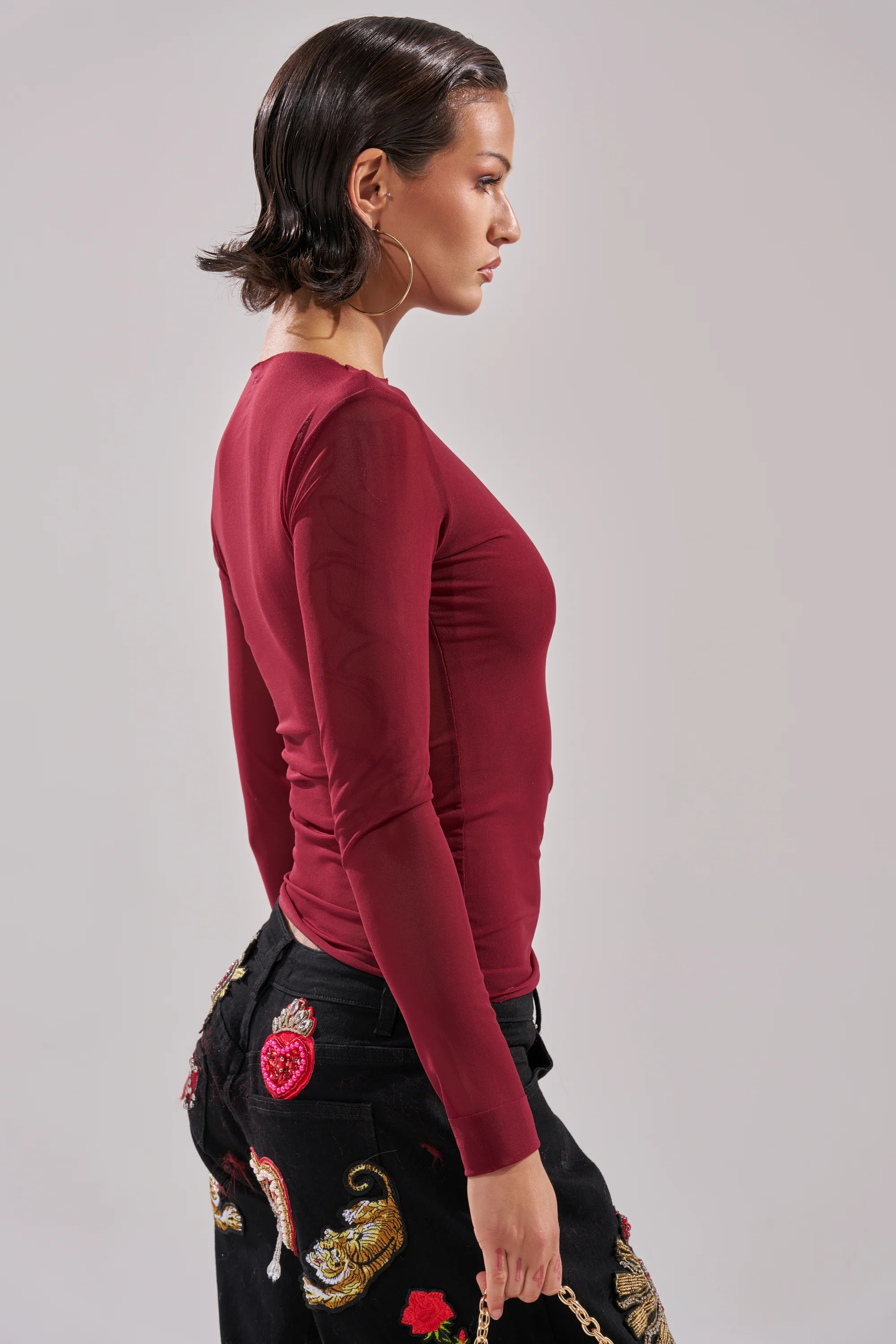 PAXTON DOUBLE LINED MESH LONG SLEEVE TOP IN PLUM - Image 3