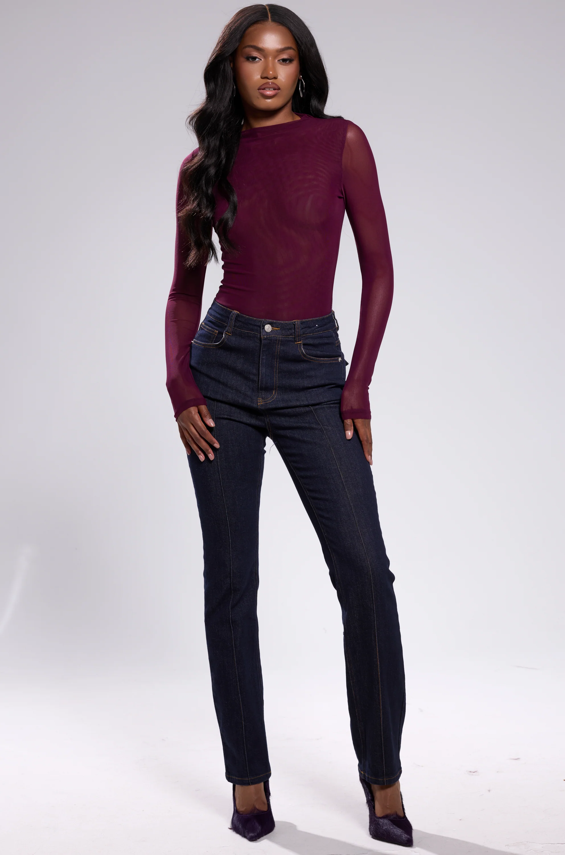 PAXTON SEXY MESH LONG SLEEVE BODYSUIT IN PLUM PURPLE - Image 6