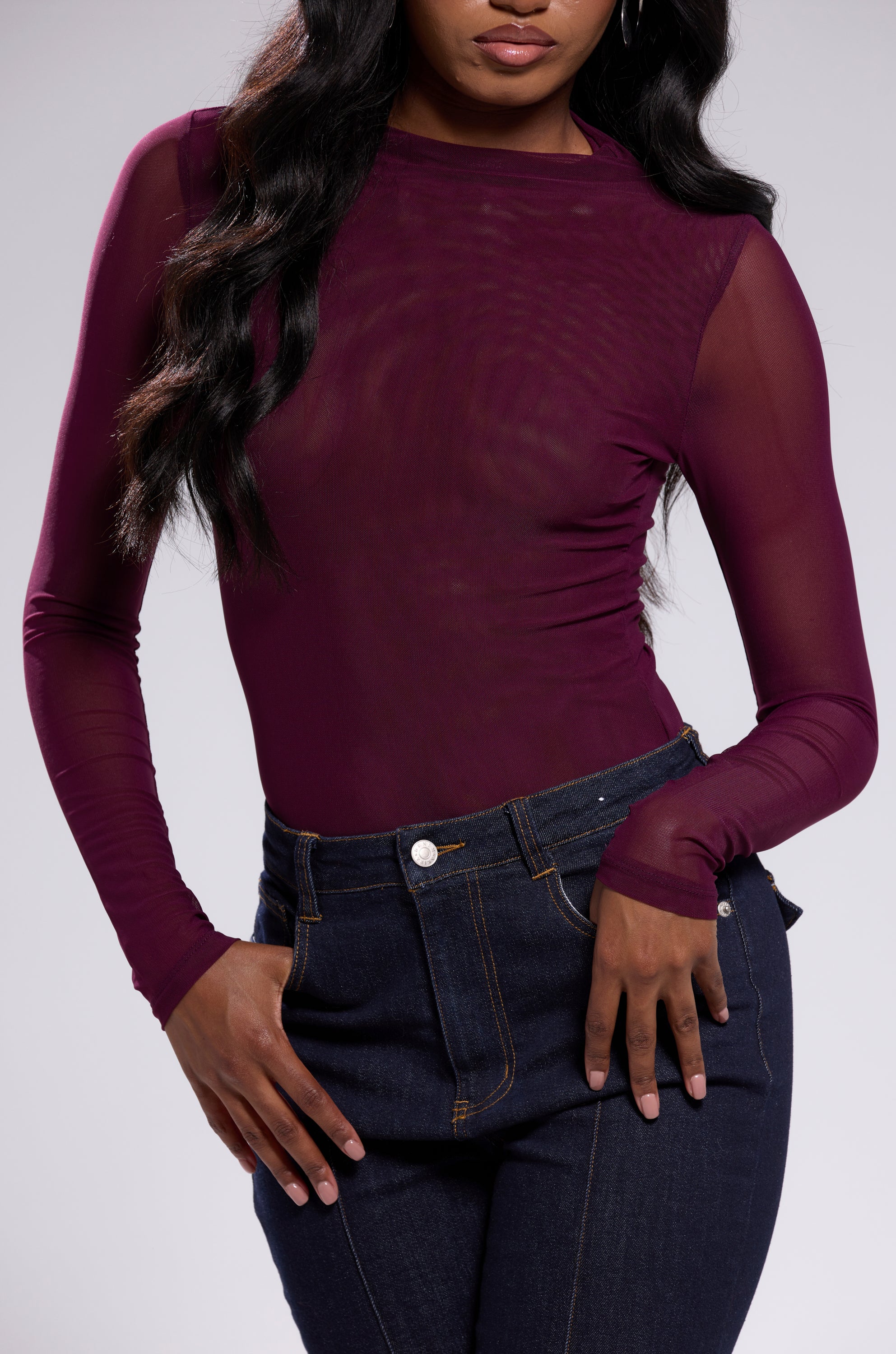 PAXTON SEXY MESH LONG SLEEVE BODYSUIT IN PLUM PURPLE - Image 8