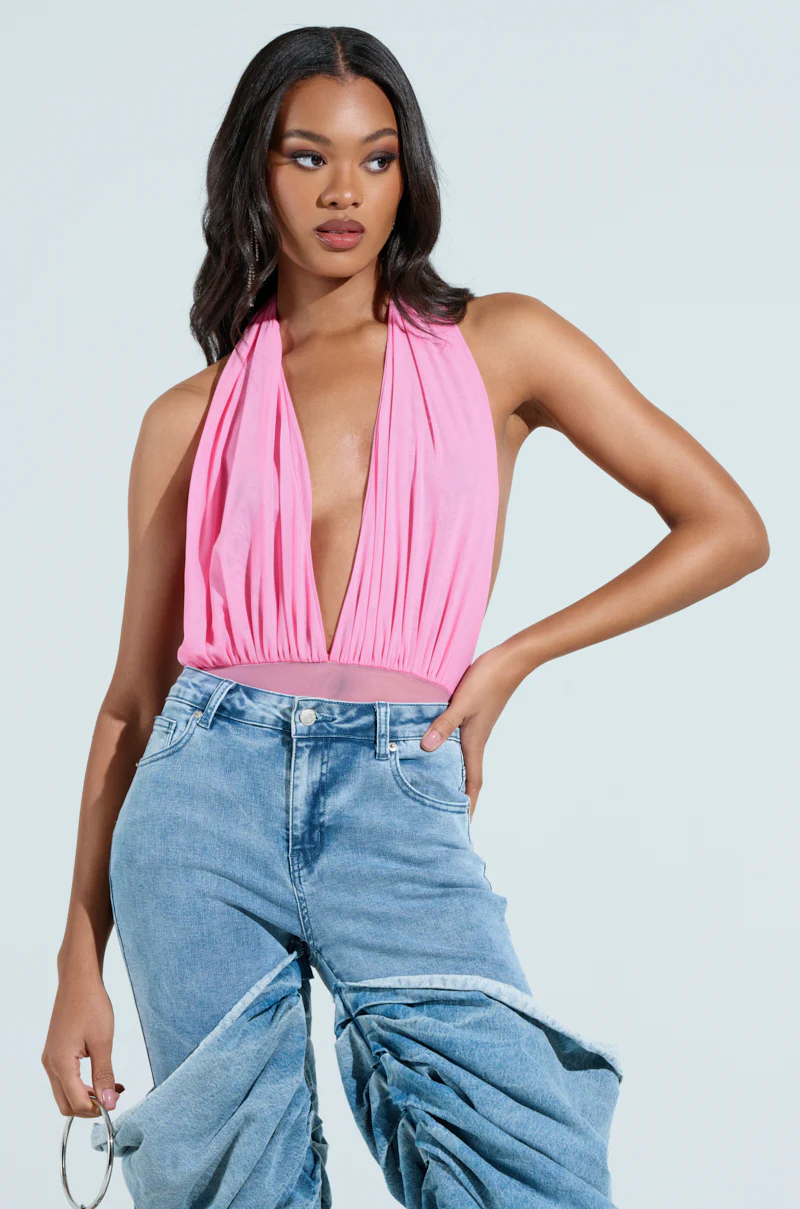PAXTON SEXY RUCHED PLUNGE MESH HALTER BODYSUIT IN PINK - Image 2