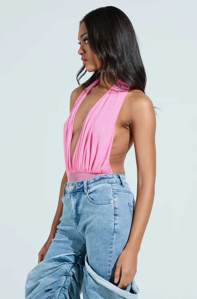 PAXTON SEXY RUCHED PLUNGE MESH HALTER BODYSUIT IN PINK - Image 3