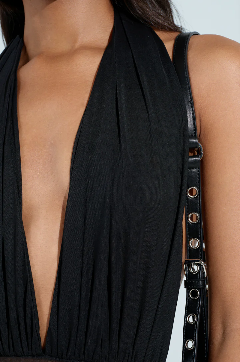 PAXTON SEXY RUCHED PLUNGE MESH HALTER BODYSUIT IN BLACK - Image 8