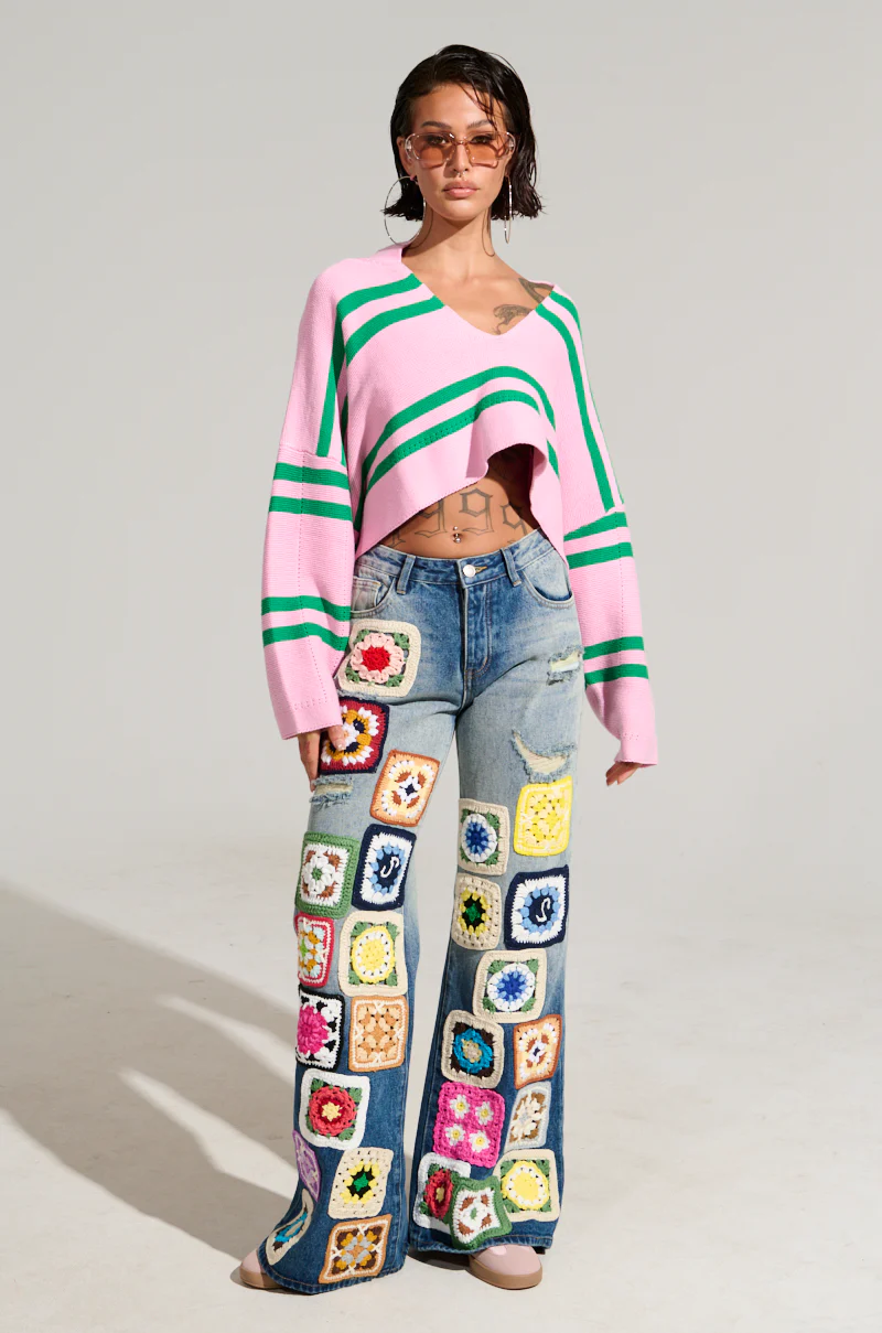 PEACE & LOVE CROCHET EMBROIDERED MID RISE DENIM - Image 2
