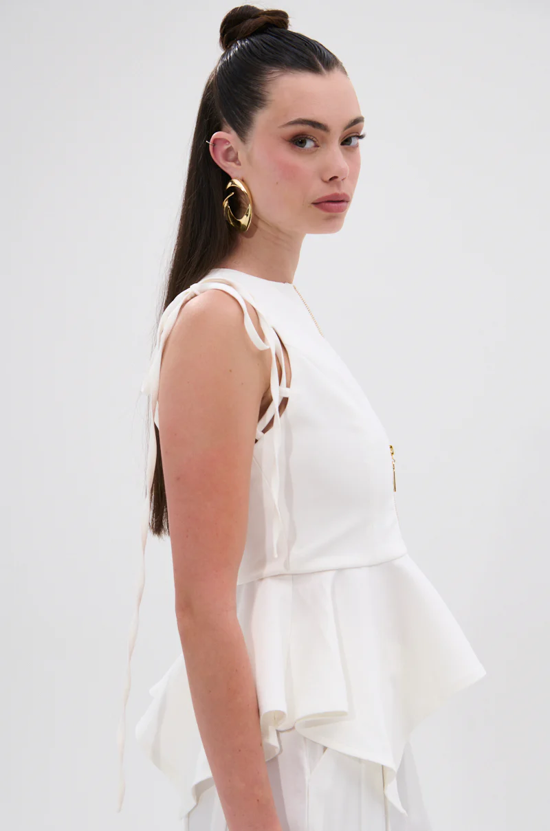 PEPLUM FRONT ZIP SLEEVELESS BLOUSE IN WHITE - Image 2
