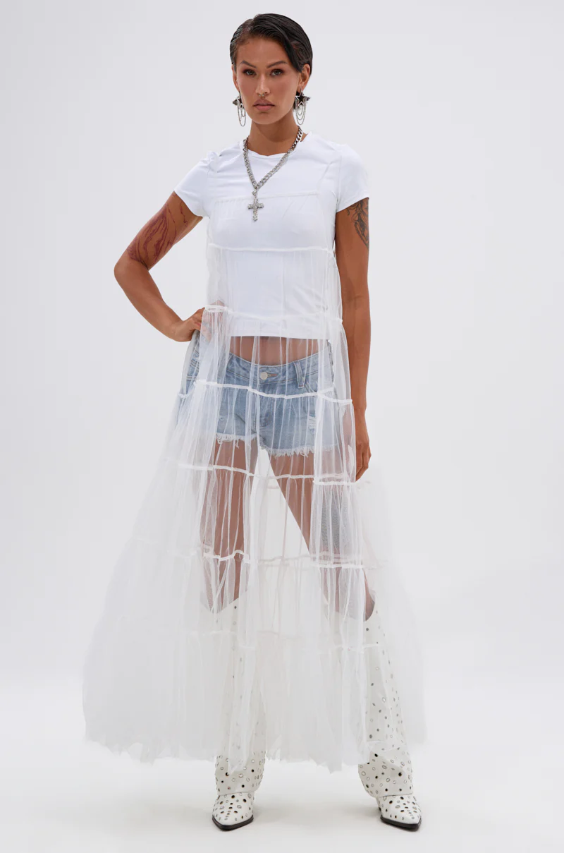 PERFECT FOR LAYERING TULLE MAXI DRESS IN WHITE