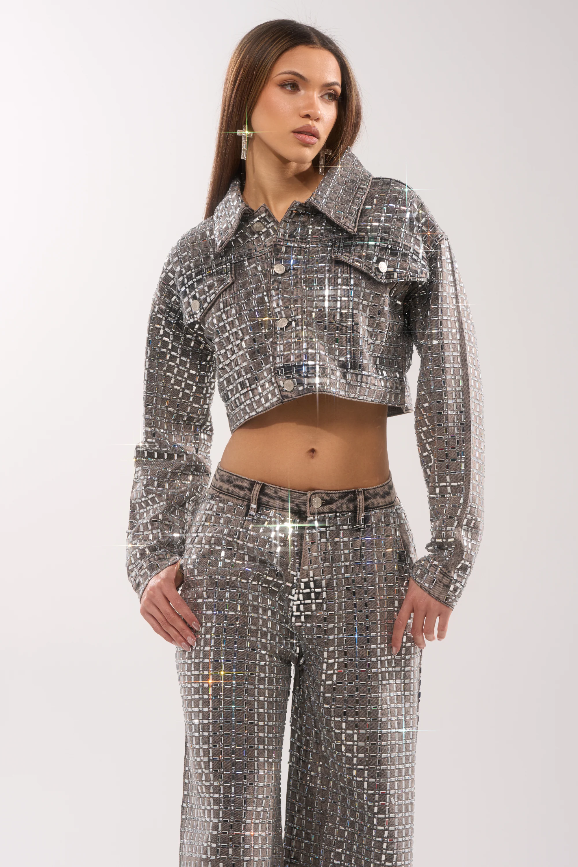 PICK N CHOOSE RHINESTONE DENIM JACKET IN GREY - Image 5