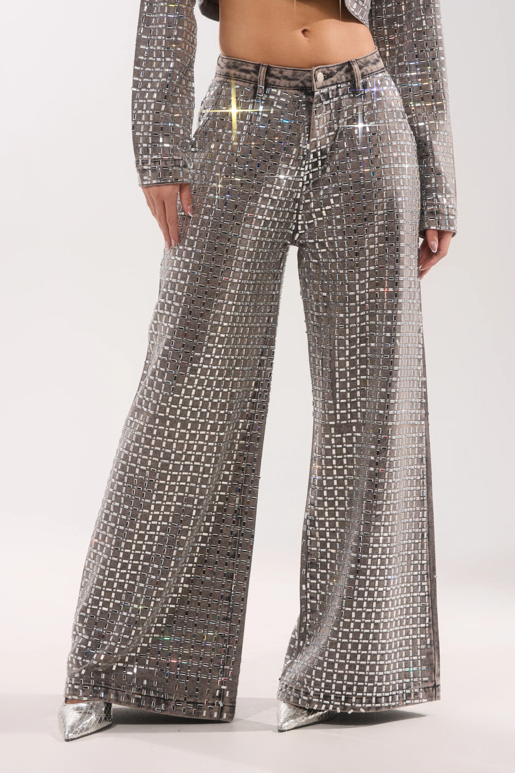 PICK N CHOOSE RHINESTONE WIDE LEG DENIM IN GREY - Image 2