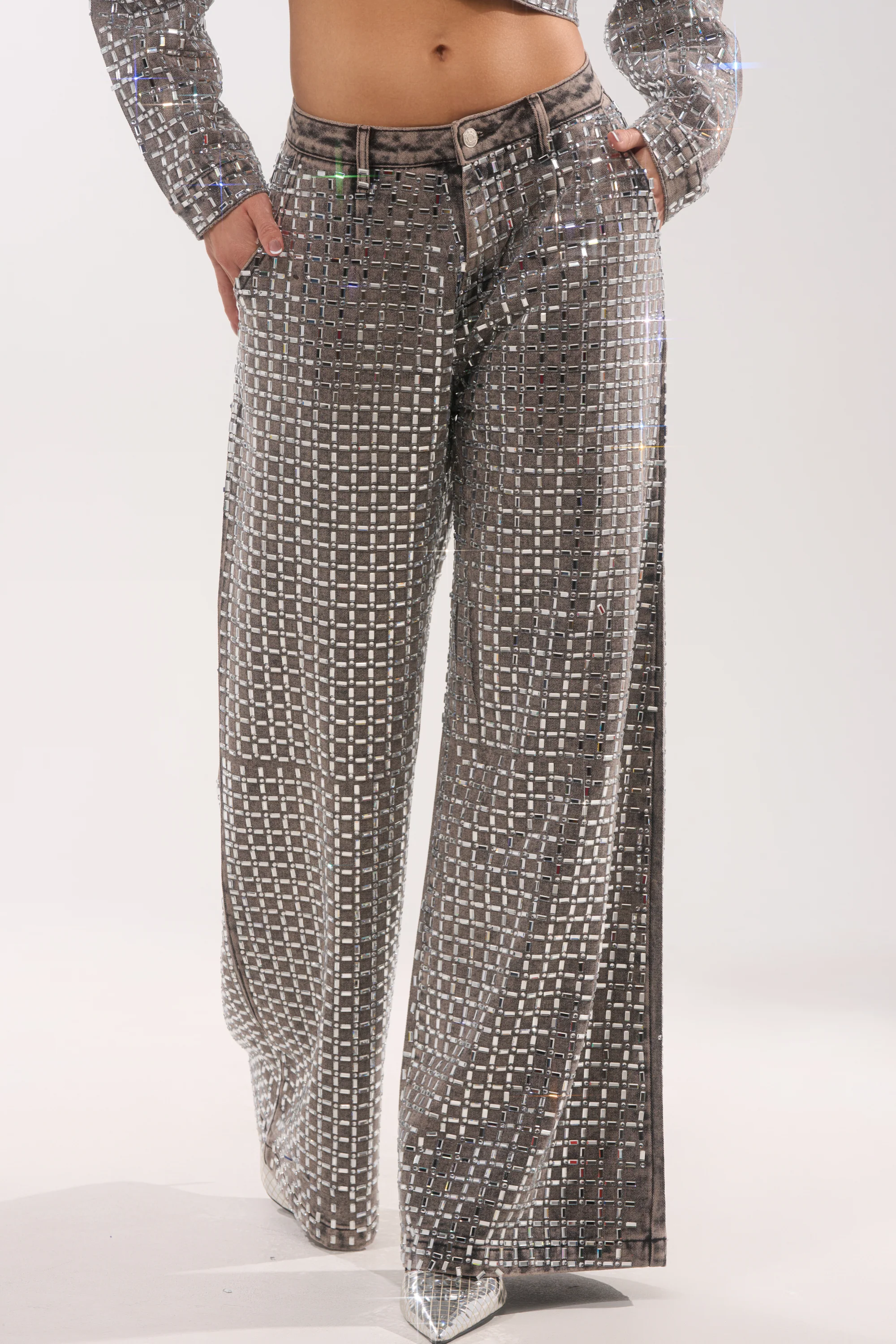 PICK N CHOOSE RHINESTONE WIDE LEG DENIM IN GREY - Image 4