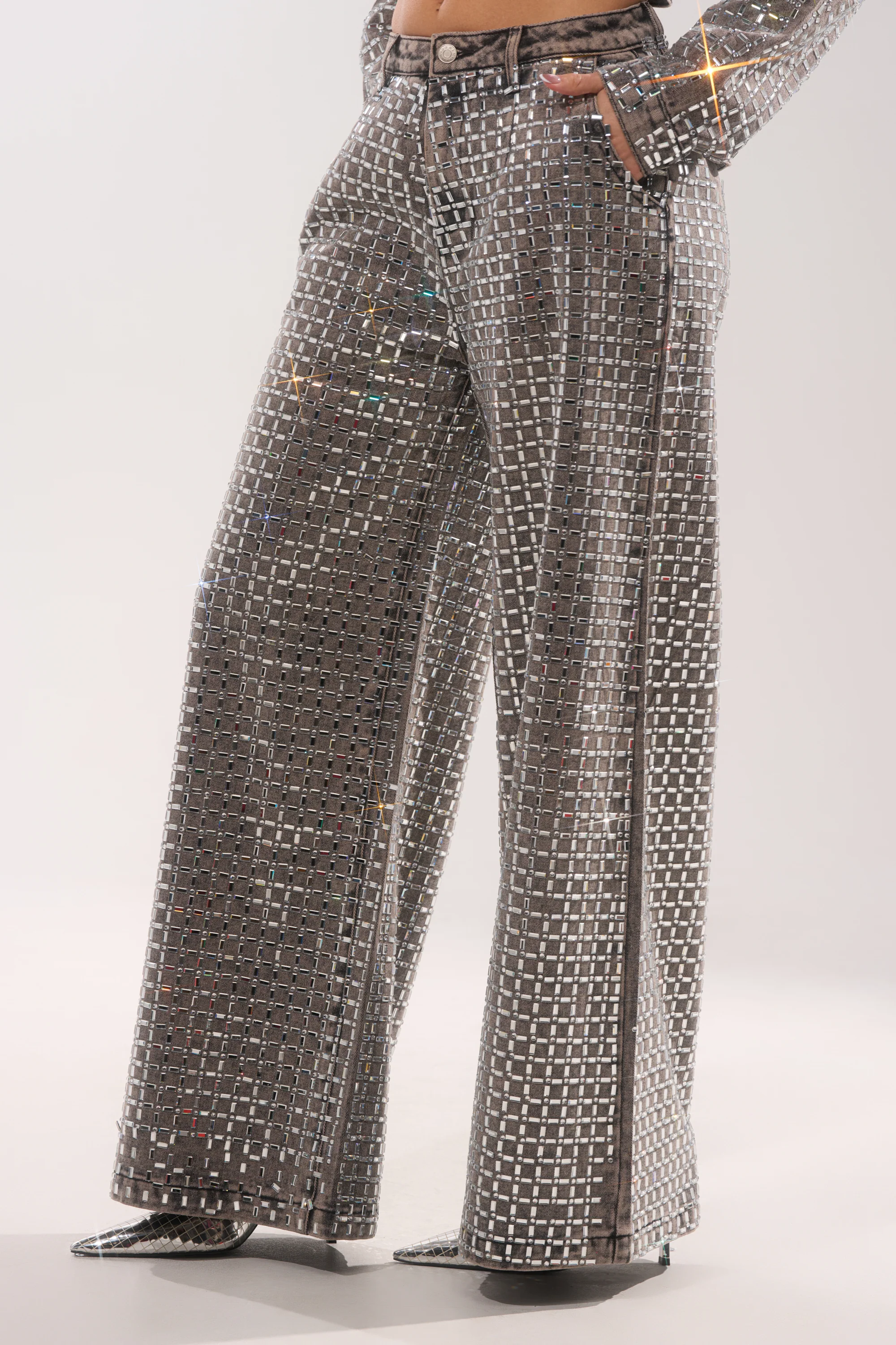 PICK N CHOOSE RHINESTONE WIDE LEG DENIM IN GREY - Image 5