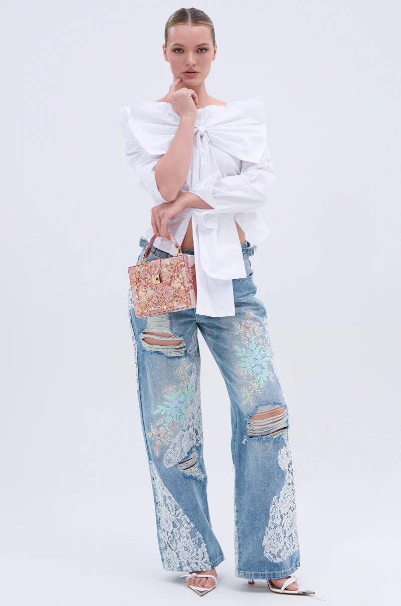 PICKING PETALS FLORAL AND LACE DETAIL DENIM PANTS - Image 2