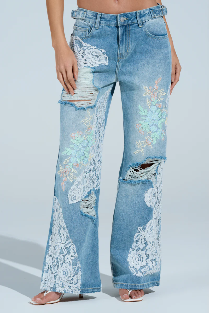 PICKING PETALS FLORAL AND LACE DETAIL DENIM PANTS - Image 6