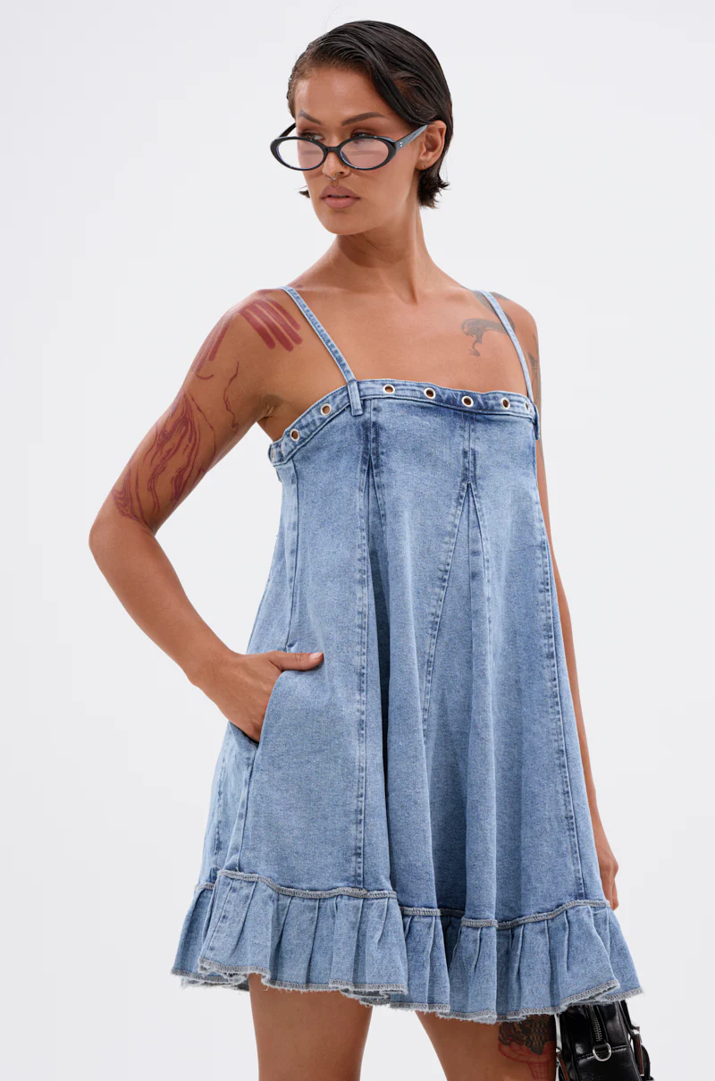 PLEATED UP MINI DRESS IN DENIM