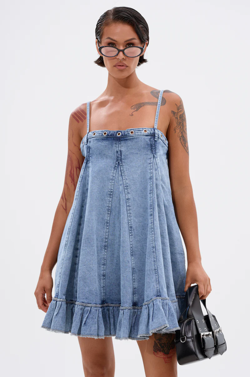 PLEATED UP MINI DRESS IN DENIM - Image 2