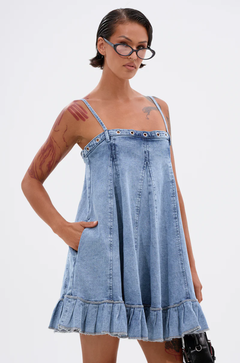 PLEATED UP MINI DRESS IN DENIM - Image 3