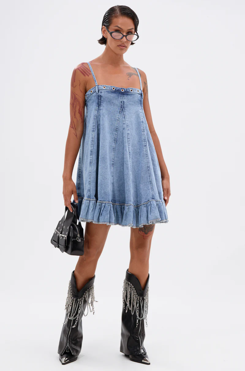 PLEATED UP MINI DRESS IN DENIM - Image 6