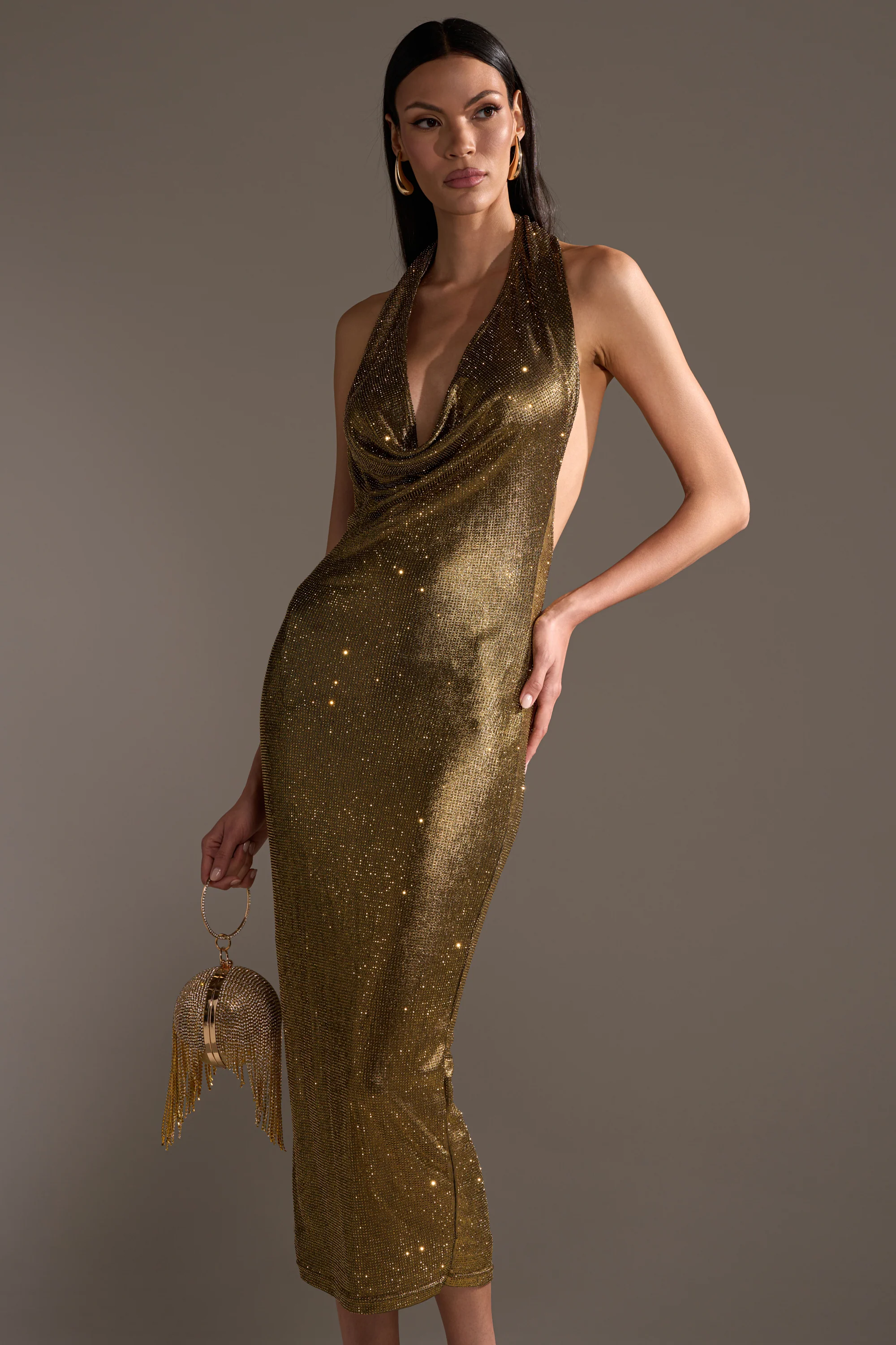 POPPIN' BOTTLES RHINESTONE MAXI DRESS IN GOLD - Image 4
