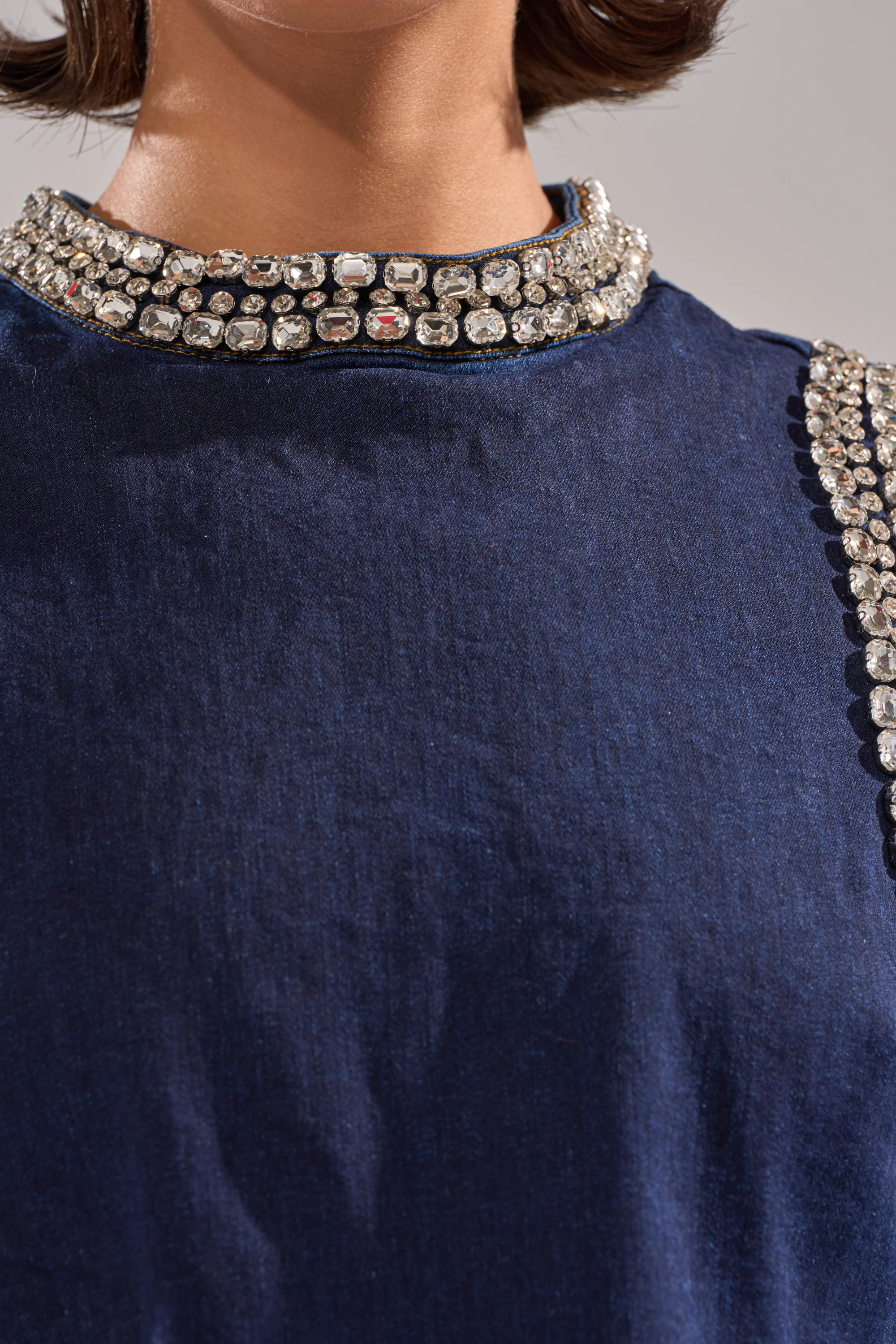 POPPIN OUT RHINESTONE DENIM BLOUSE IN DARK WASH DENIM - Image 8