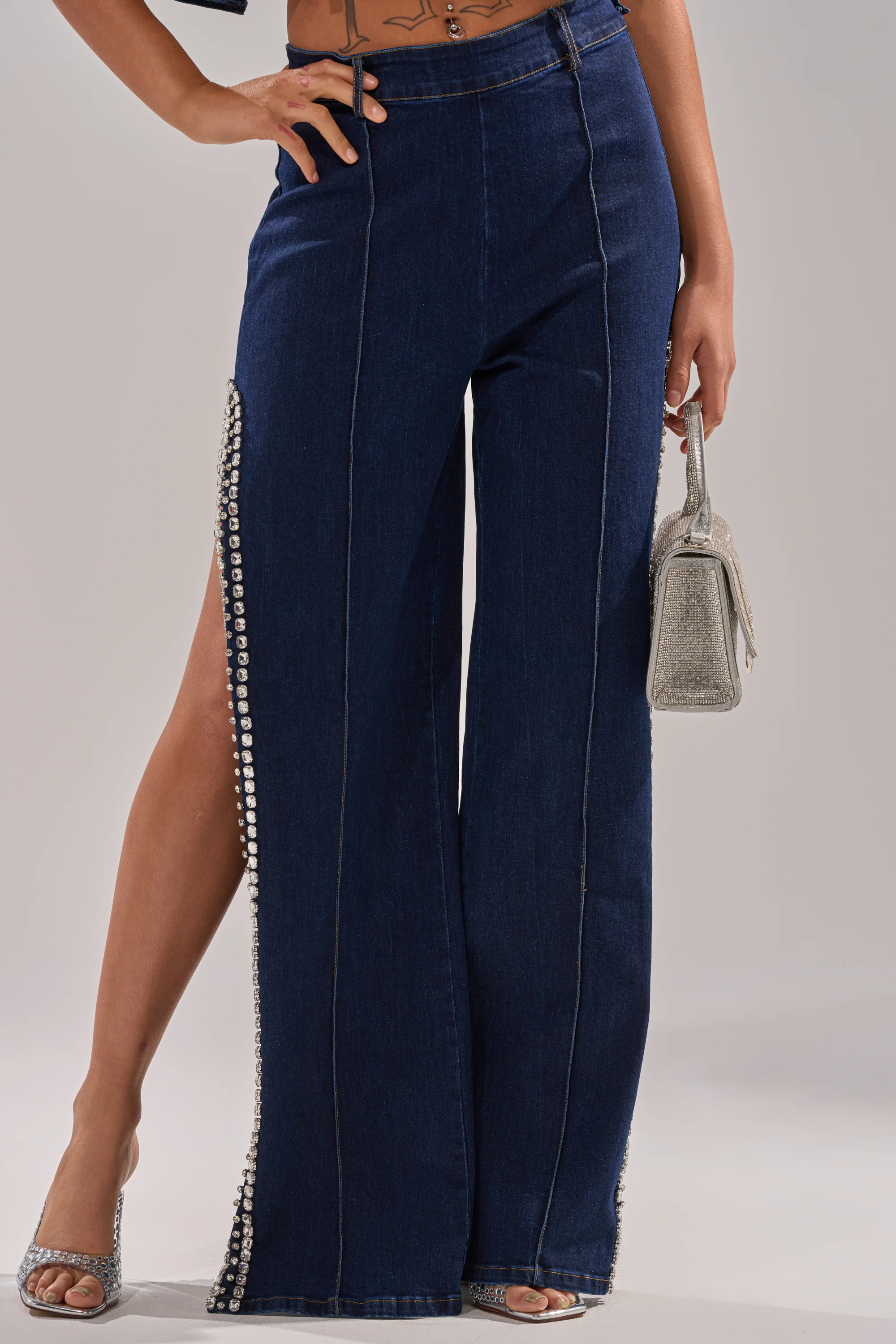 POPPIN OUT RHINESTONE DENIM PANT IN DARK WASH DENIM - Image 3
