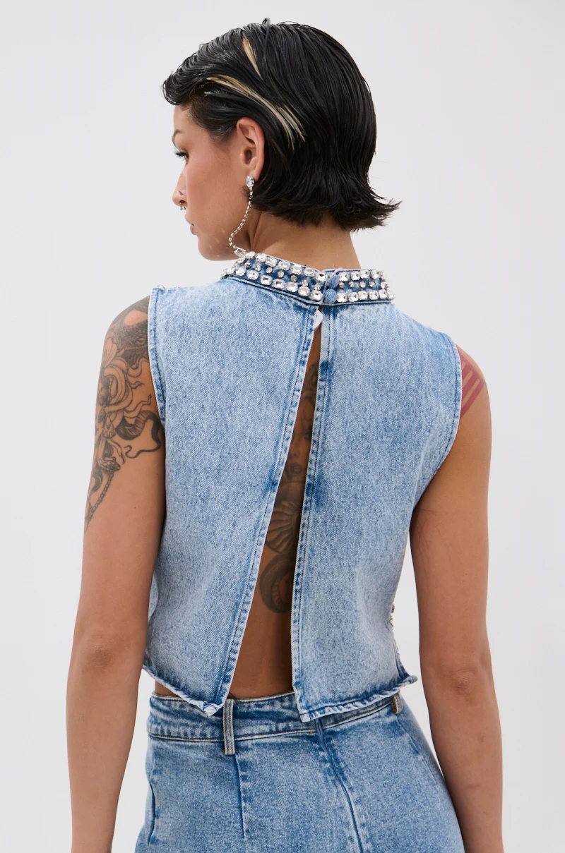 POPPING OUT RHINESTONE DENIM BLOUSE - Image 3