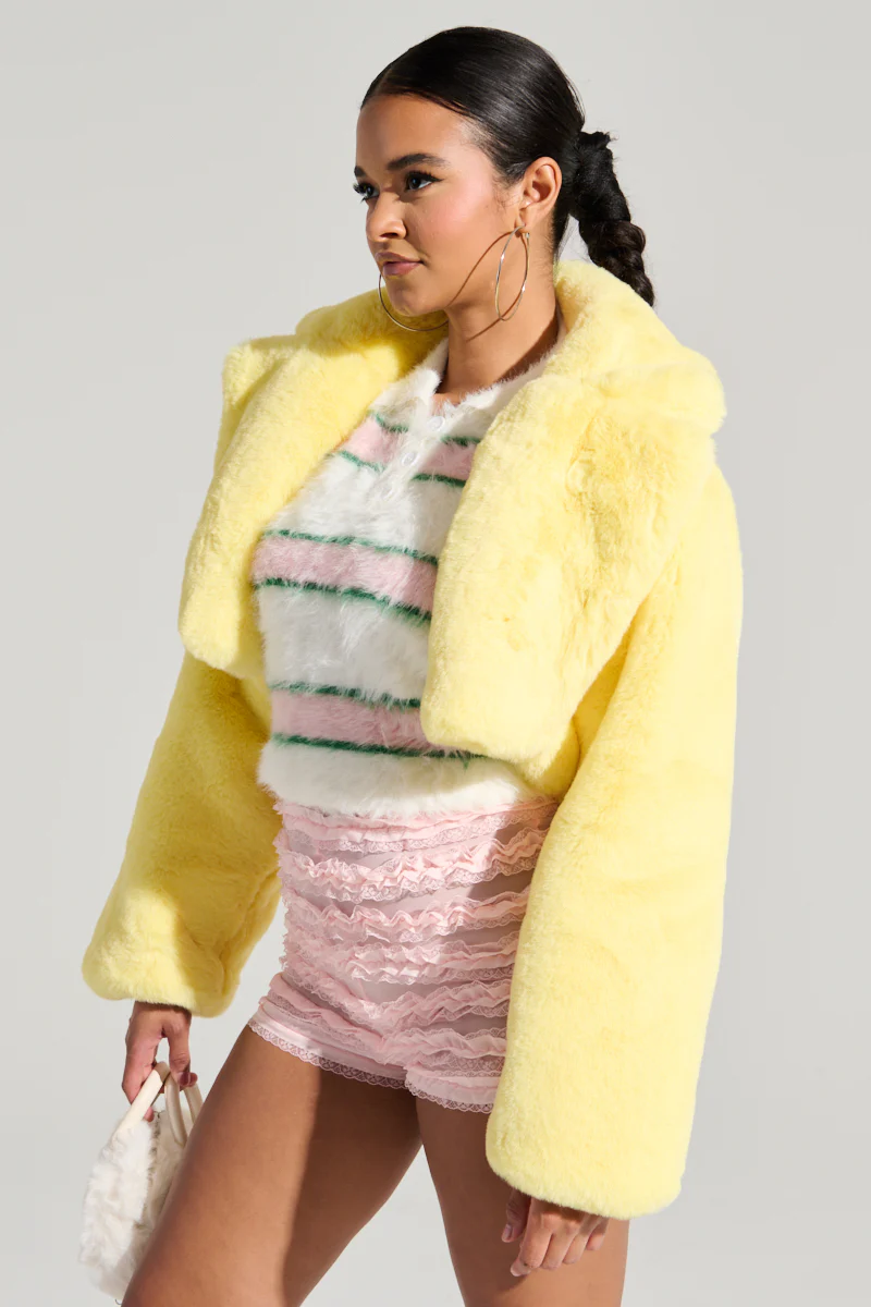 POPPY CROPPED FUR COAT IN YELLOW - Image 3