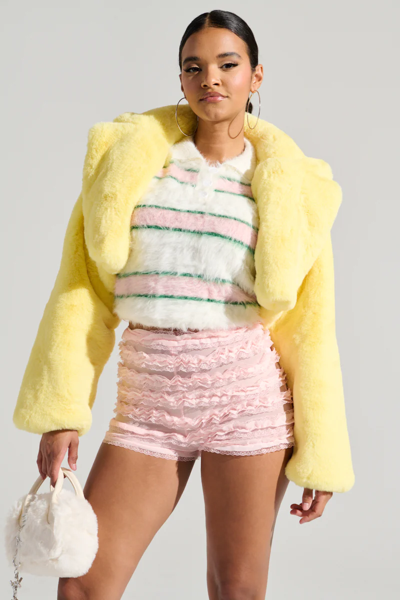 POPPY CROPPED FUR COAT IN YELLOW - Image 4
