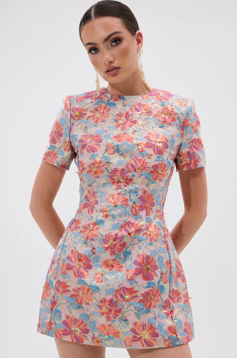PRETTY IN PINK BROCADE BEADED MINI DRESS - Image 2