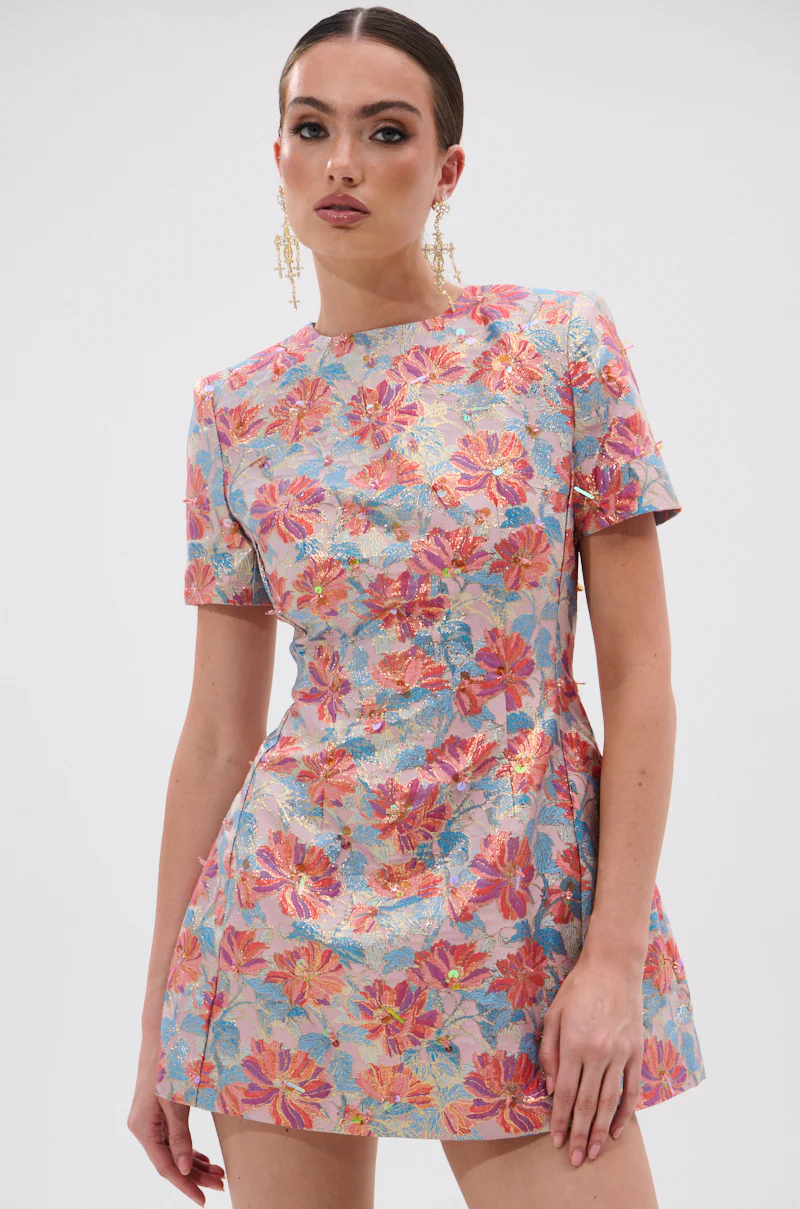 PRETTY IN PINK BROCADE BEADED MINI DRESS - Image 3