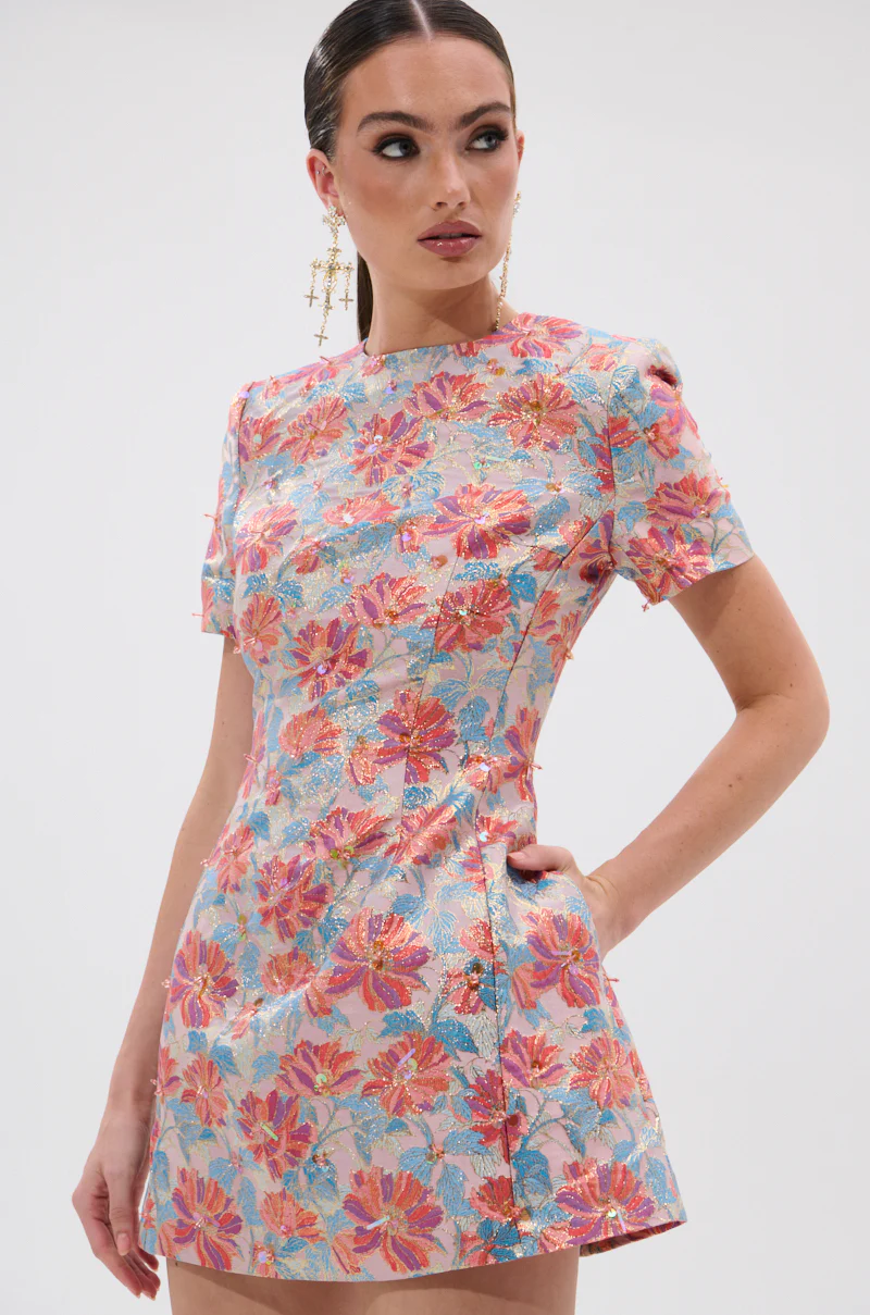 PRETTY IN PINK BROCADE BEADED MINI DRESS - Image 4