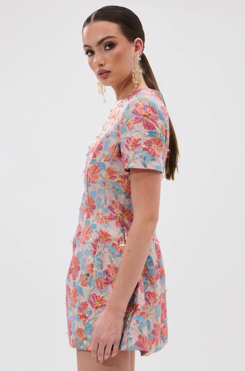 PRETTY IN PINK BROCADE BEADED MINI DRESS - Image 5