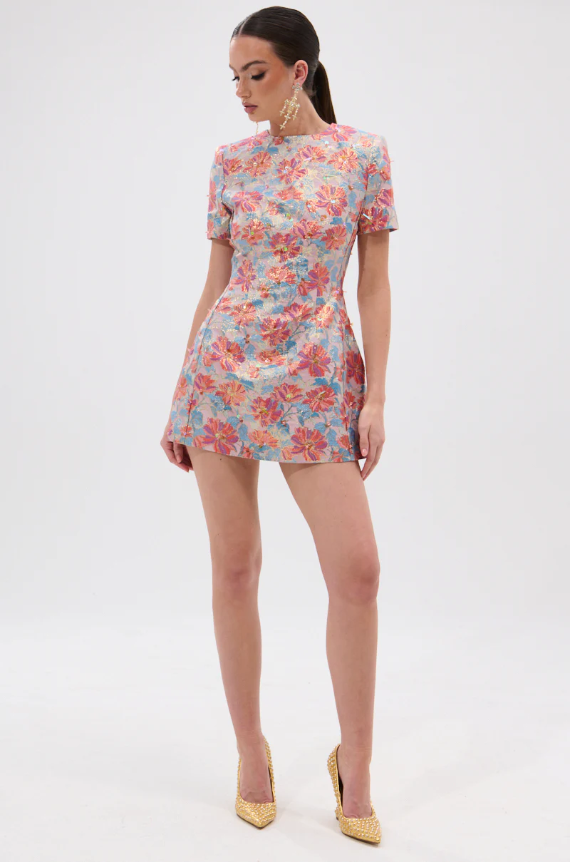PRETTY IN PINK BROCADE BEADED MINI DRESS - Image 7