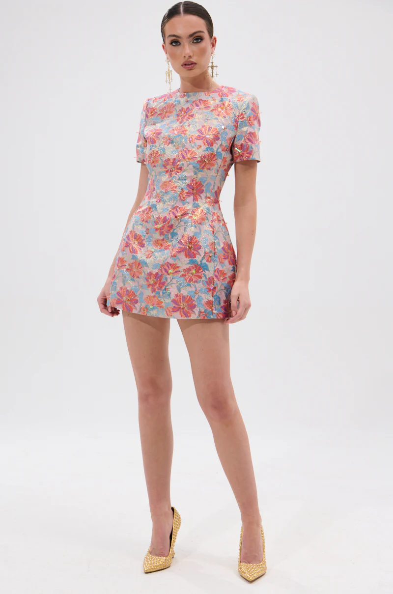 PRETTY IN PINK BROCADE BEADED MINI DRESS - Image 8